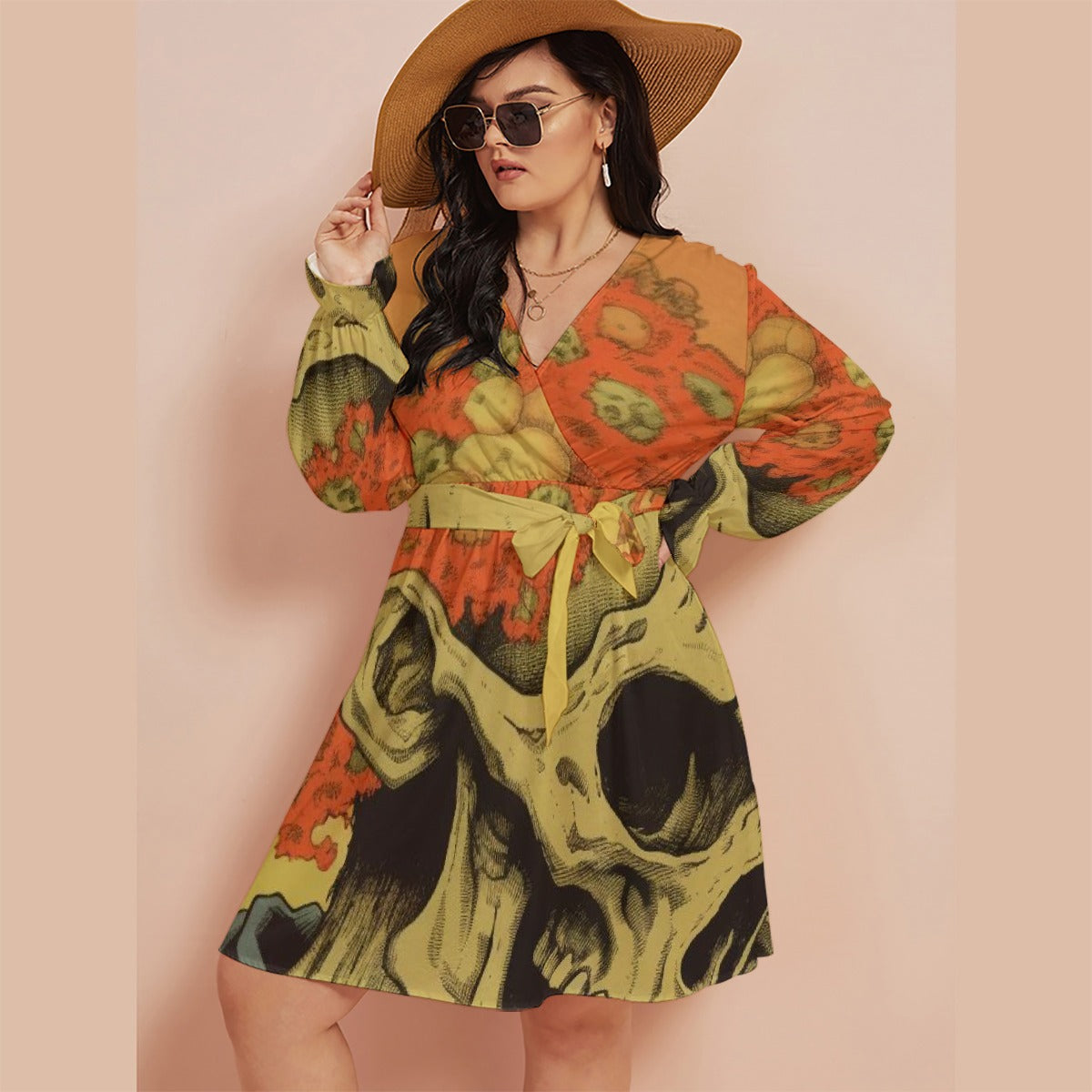 All-Over Print Women's V-neck Dress With Waistband(Plus Size)