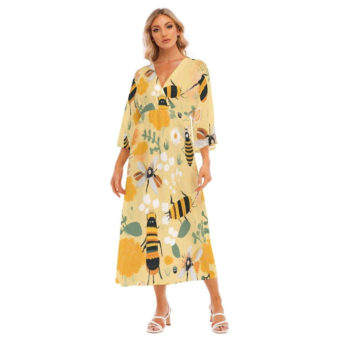 All-Over Print Women's Mid-Sleeve Long Dress
