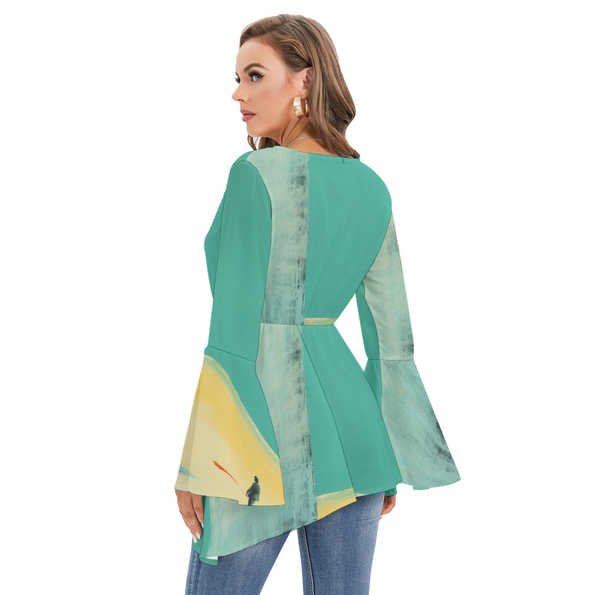 All-Over Print Women's V-neck Blouse With Flared Sleeves