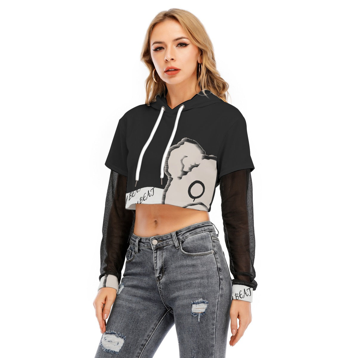 All-Over Print Women's Fake Two-piece Mesh Sleeve Cropped Hoodie