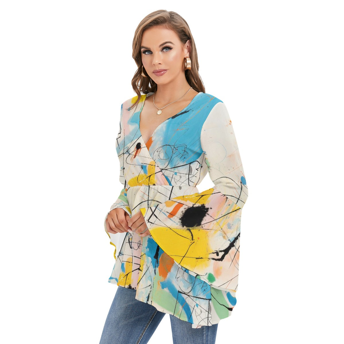 All-Over Print Women's V-neck Blouse With Flared Sleeves