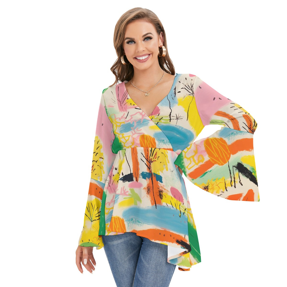 All-Over Print Women's V-neck Blouse With Flared Sleeves