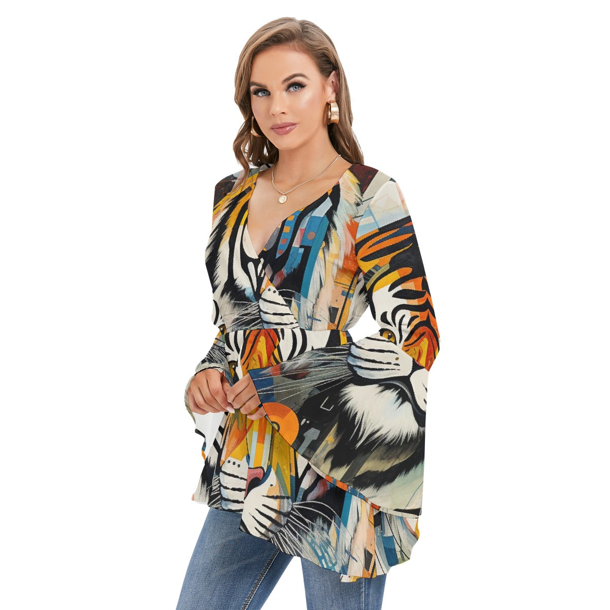 All-Over Print Women's V-neck Blouse With Flared Sleeves