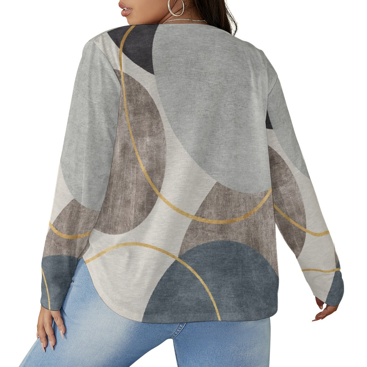 All-Over Print Women's V-neck T-shirt With Curved Hem(Plus Size)