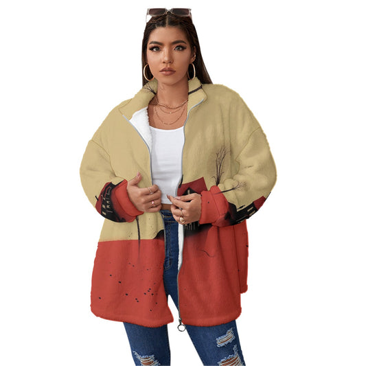 All-Over Print Unisex Borg Fleece Stand-up Collar Coat With Zipper Closure(Plus Size)