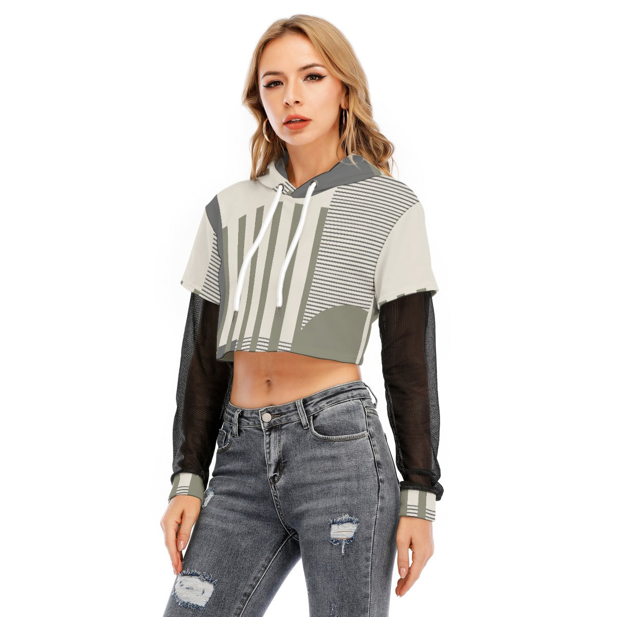 All-Over Print Women's Fake Two-piece Mesh Sleeve Cropped Hoodie