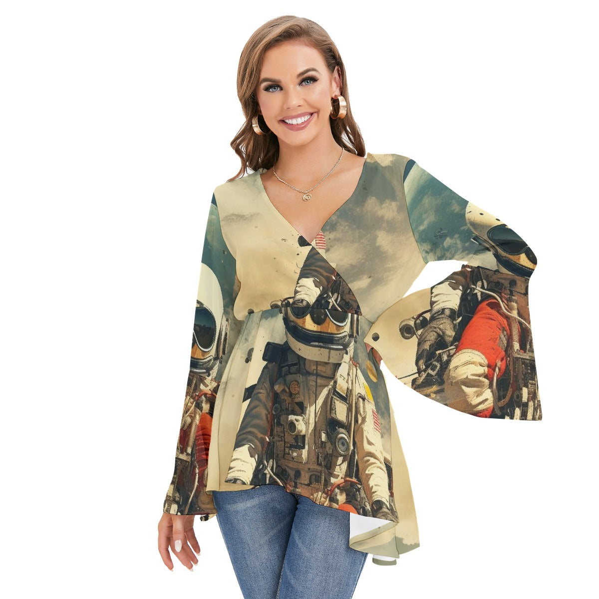 All-Over Print Women's V-neck Blouse With Flared Sleeves