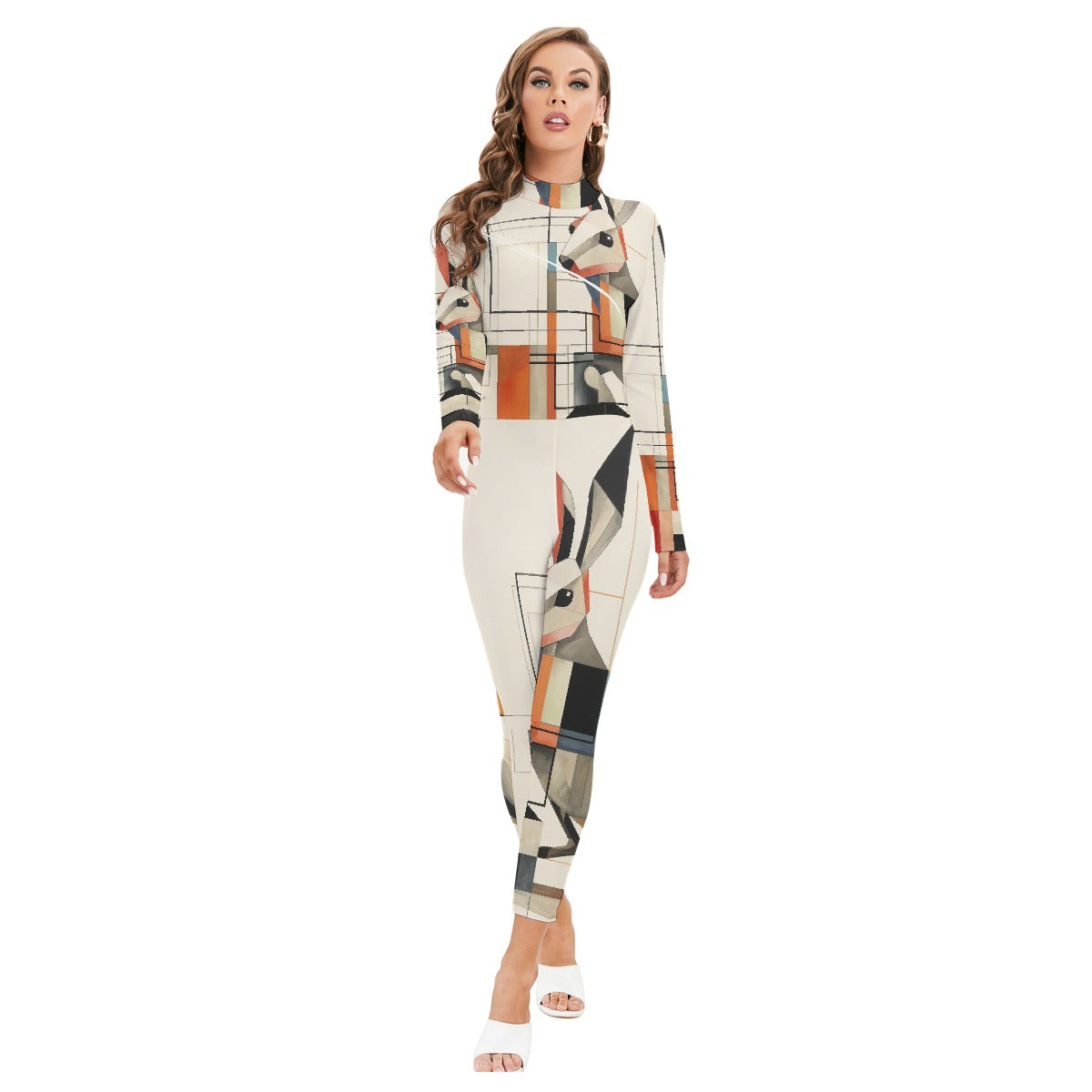 All-Over Print Women's Long-sleeved High-neck Jumpsuit With Zipper