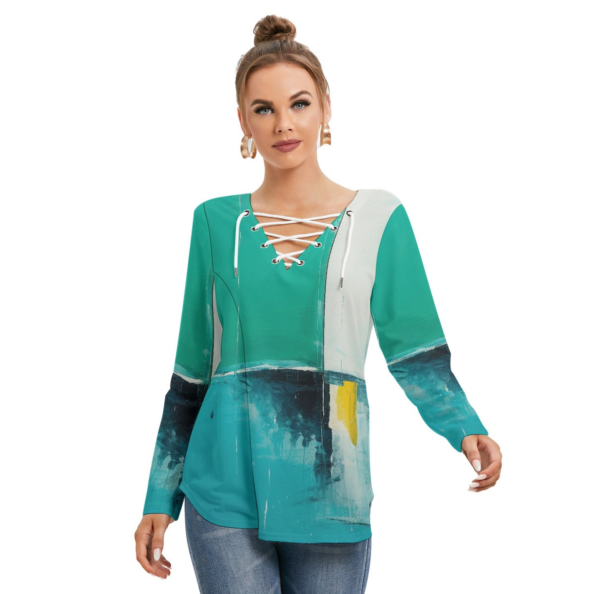 All-Over Print Women's Long Sleeve Neckline Tie Sweatshirt