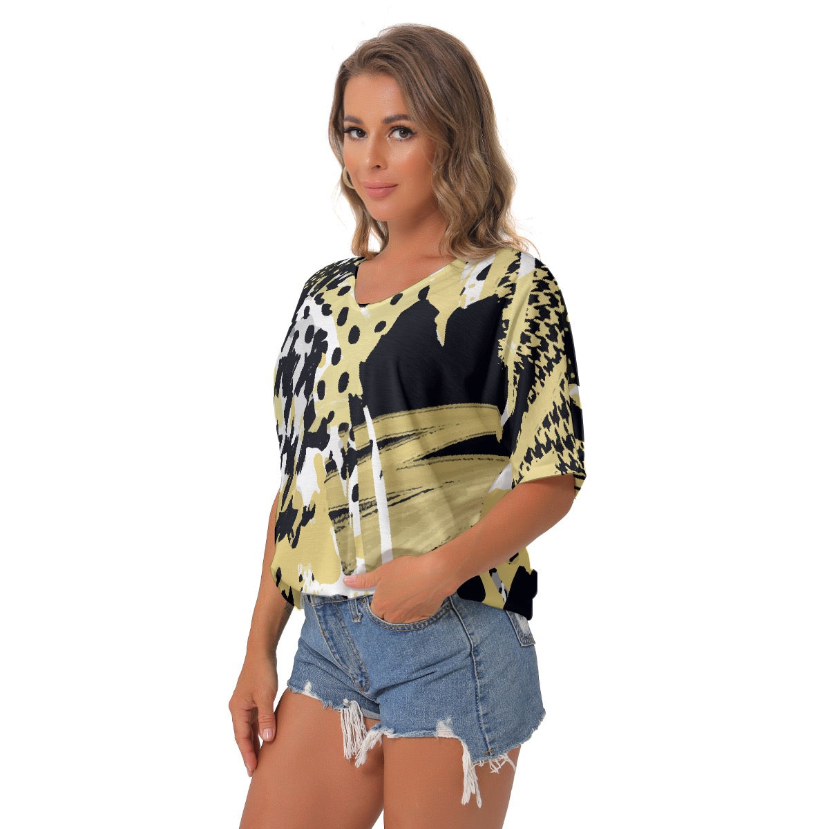 All-Over Print Women's Bat Sleeves V-Neck Blouse