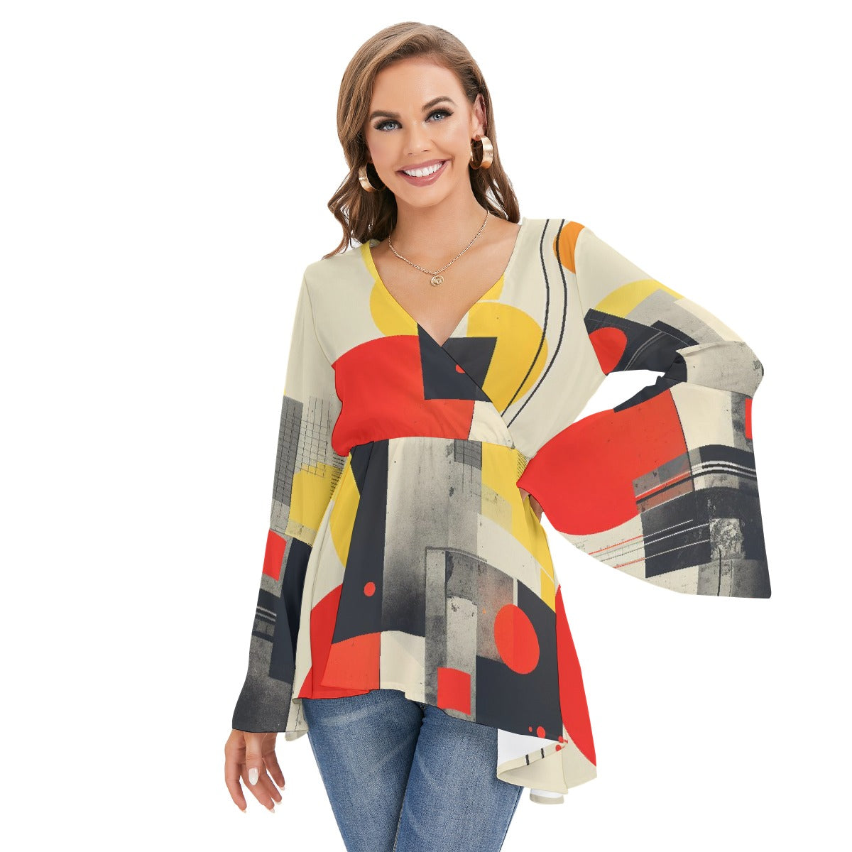 All-Over Print Women's V-neck Blouse With Flared Sleeves
