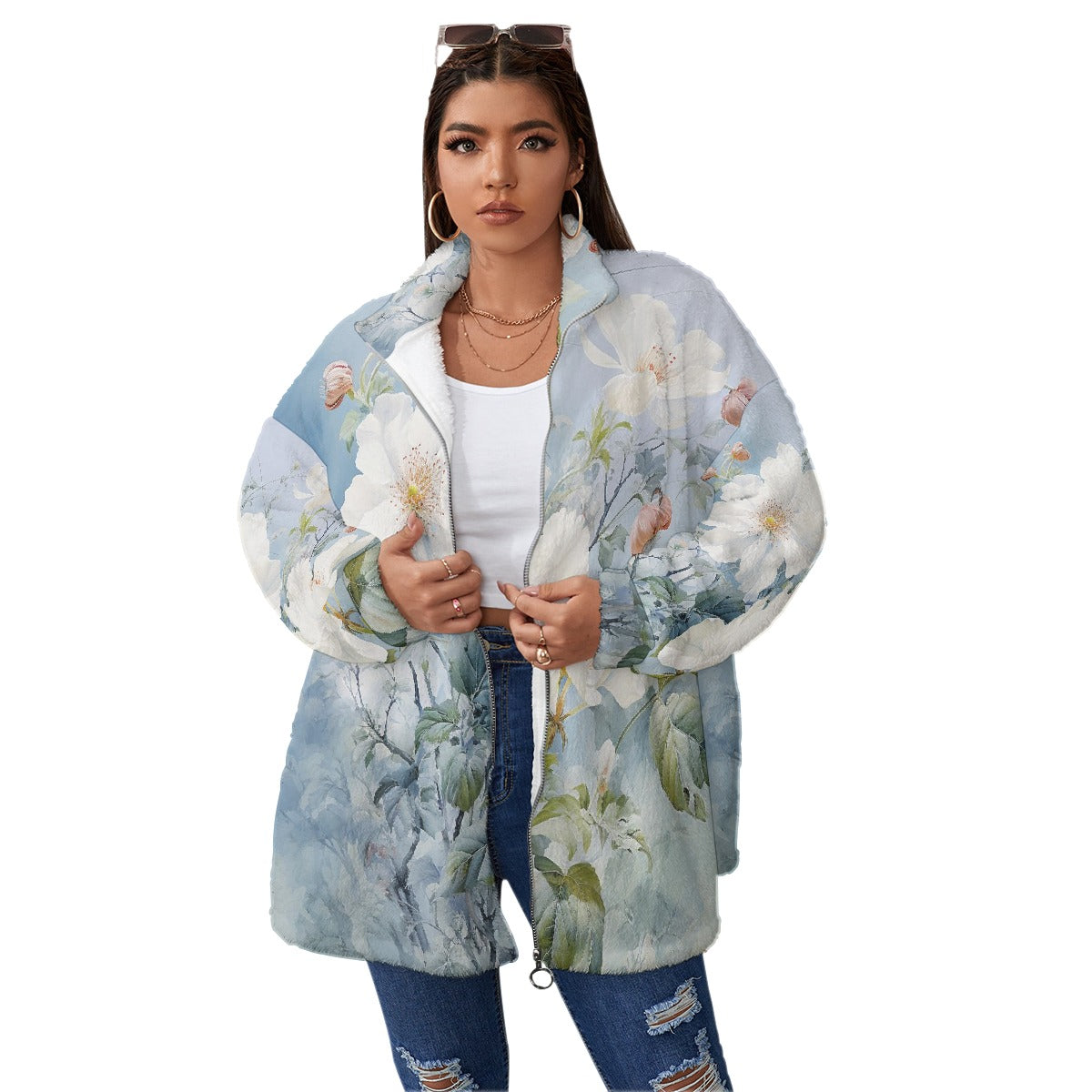 All-Over Print Unisex Borg Fleece Stand-up Collar Coat With Zipper Closure(Plus Size)