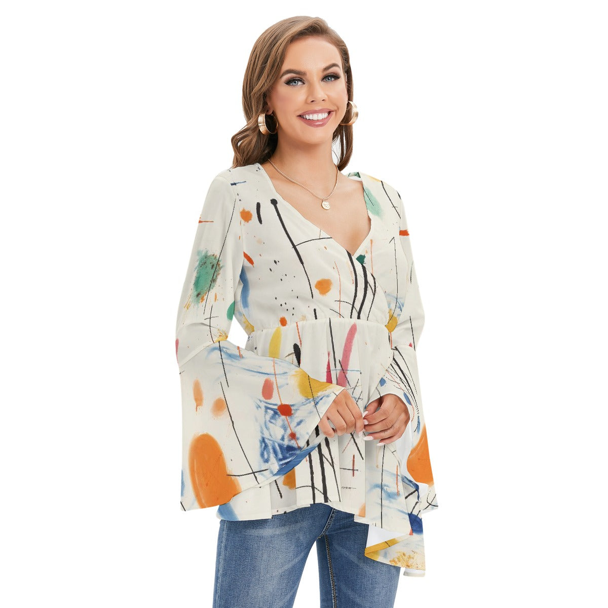 All-Over Print Women's V-neck Blouse With Flared Sleeves
