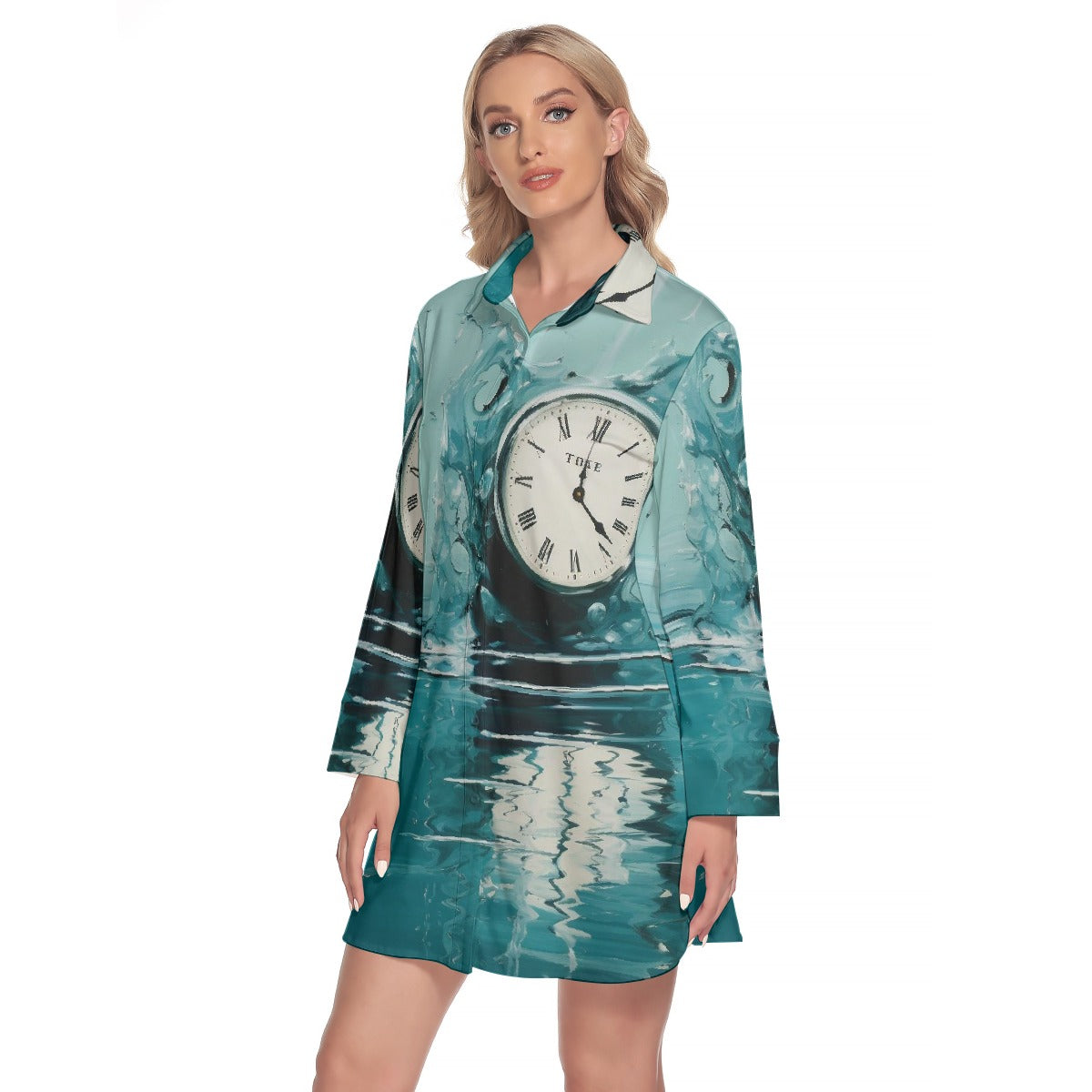 All-Over Print Women's Lapel Shirt Dress With Long Sleeve