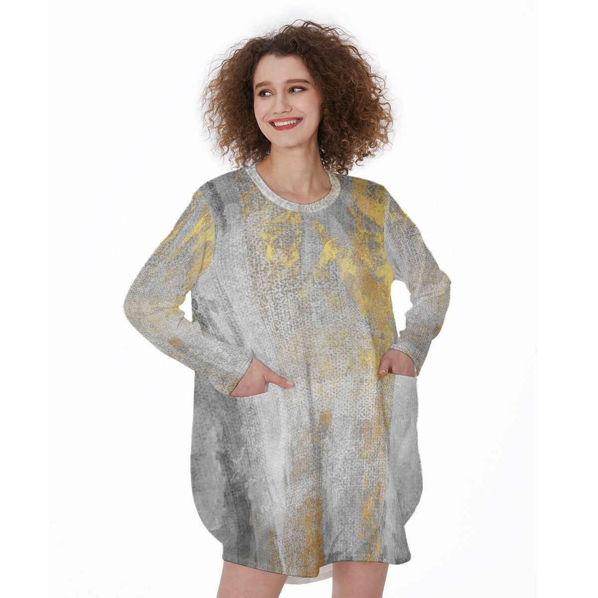 All-Over Print Women's Casual Loose Long Sleeve Dress With Pocket