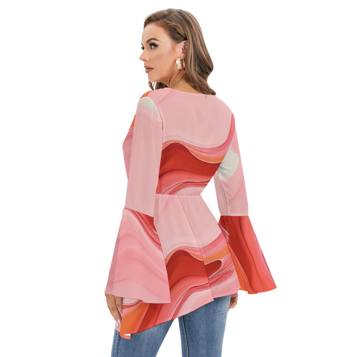 All-Over Print Women's V-neck Blouse With Flared Sleeves