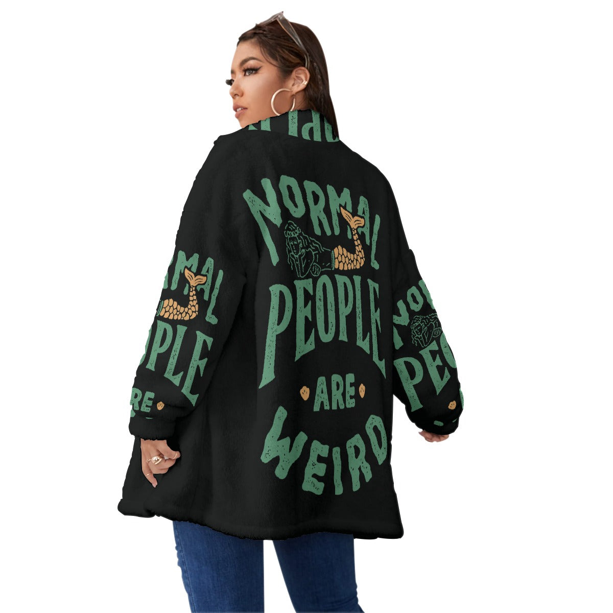 All-Over Print Unisex Borg Fleece Stand-up Collar Coat With Zipper Closure(Plus Size)