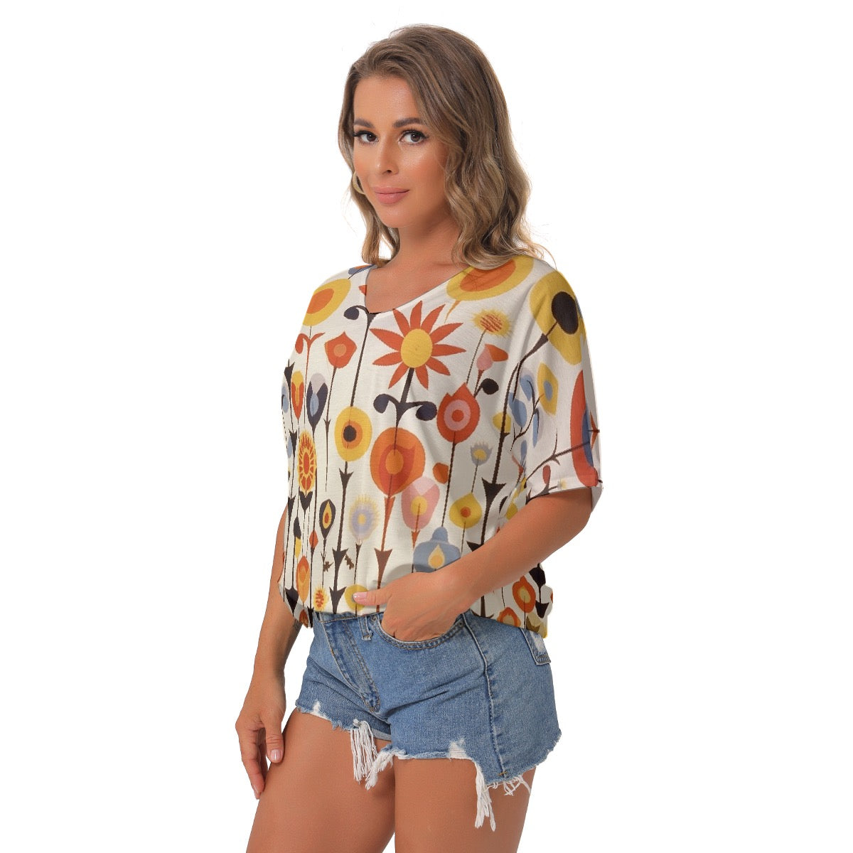 All-Over Print Women's Bat Sleeves V-Neck Blouse