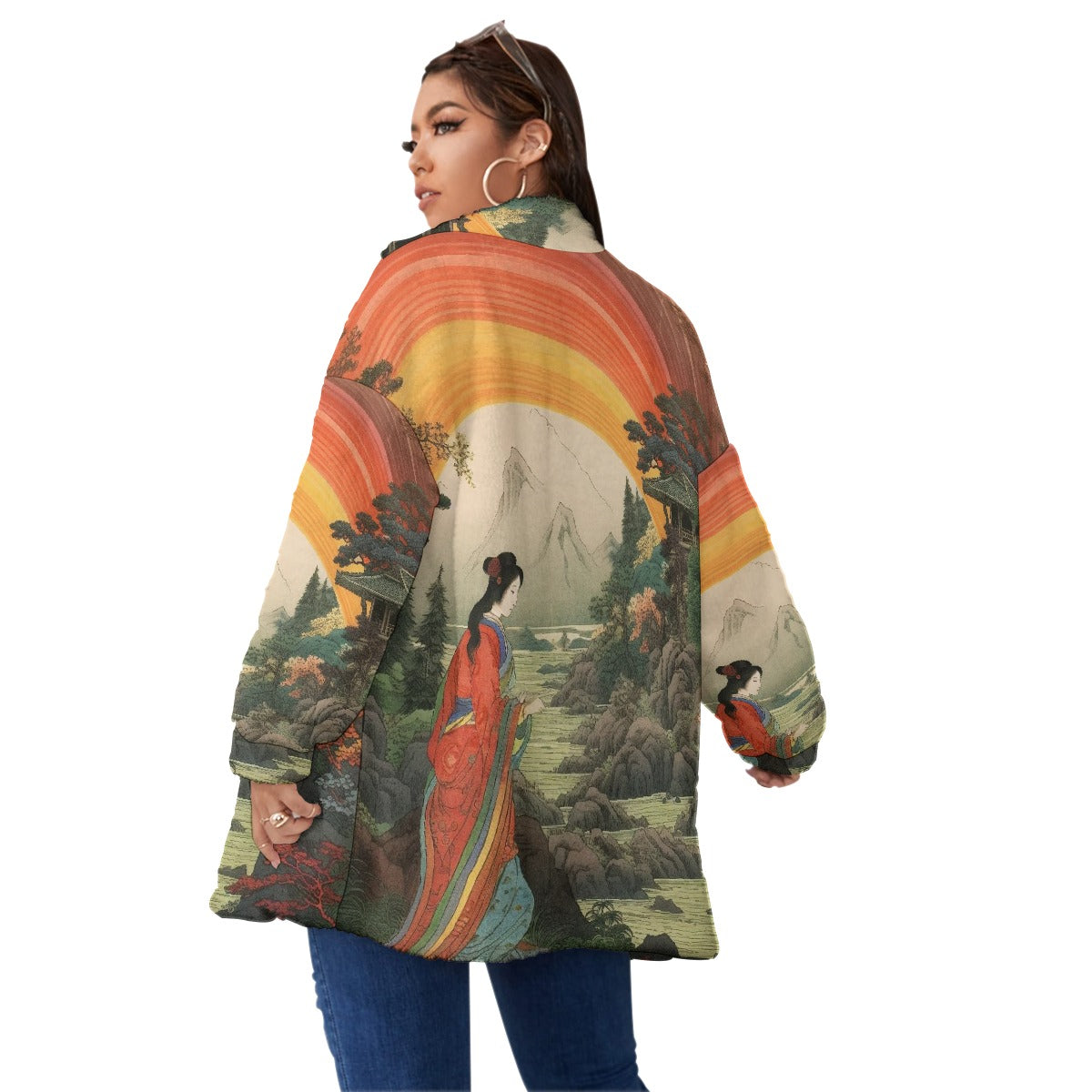 All-Over Print Unisex Borg Fleece Stand-up Collar Coat With Zipper Closure(Plus Size)