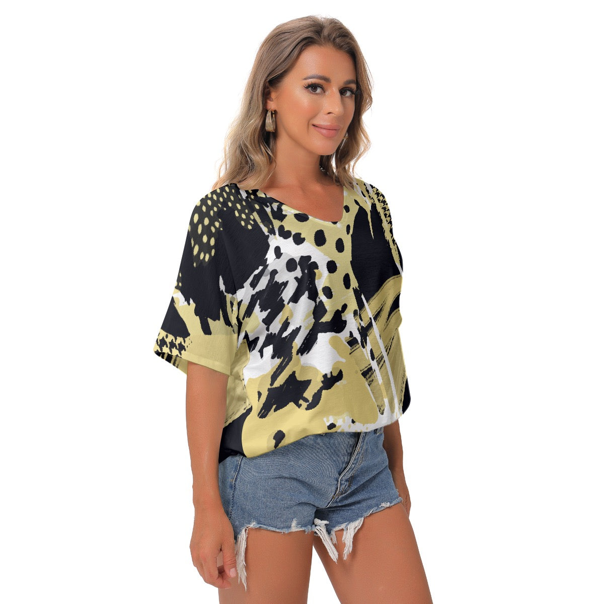 All-Over Print Women's Bat Sleeves V-Neck Blouse