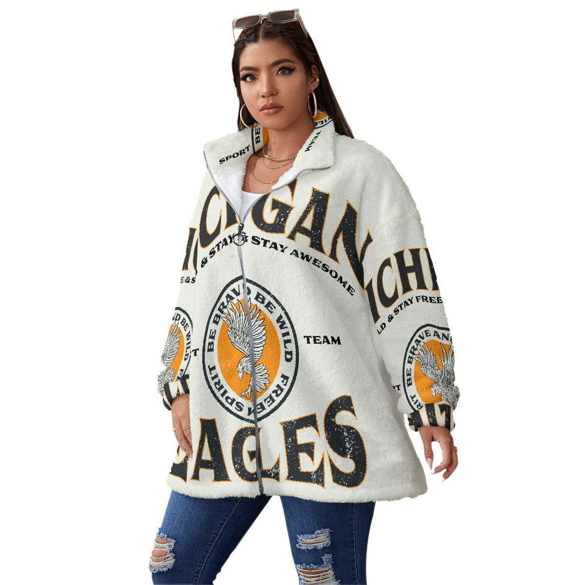 All-Over Print Unisex Borg Fleece Stand-up Collar Coat With Zipper Closure(Plus Size)