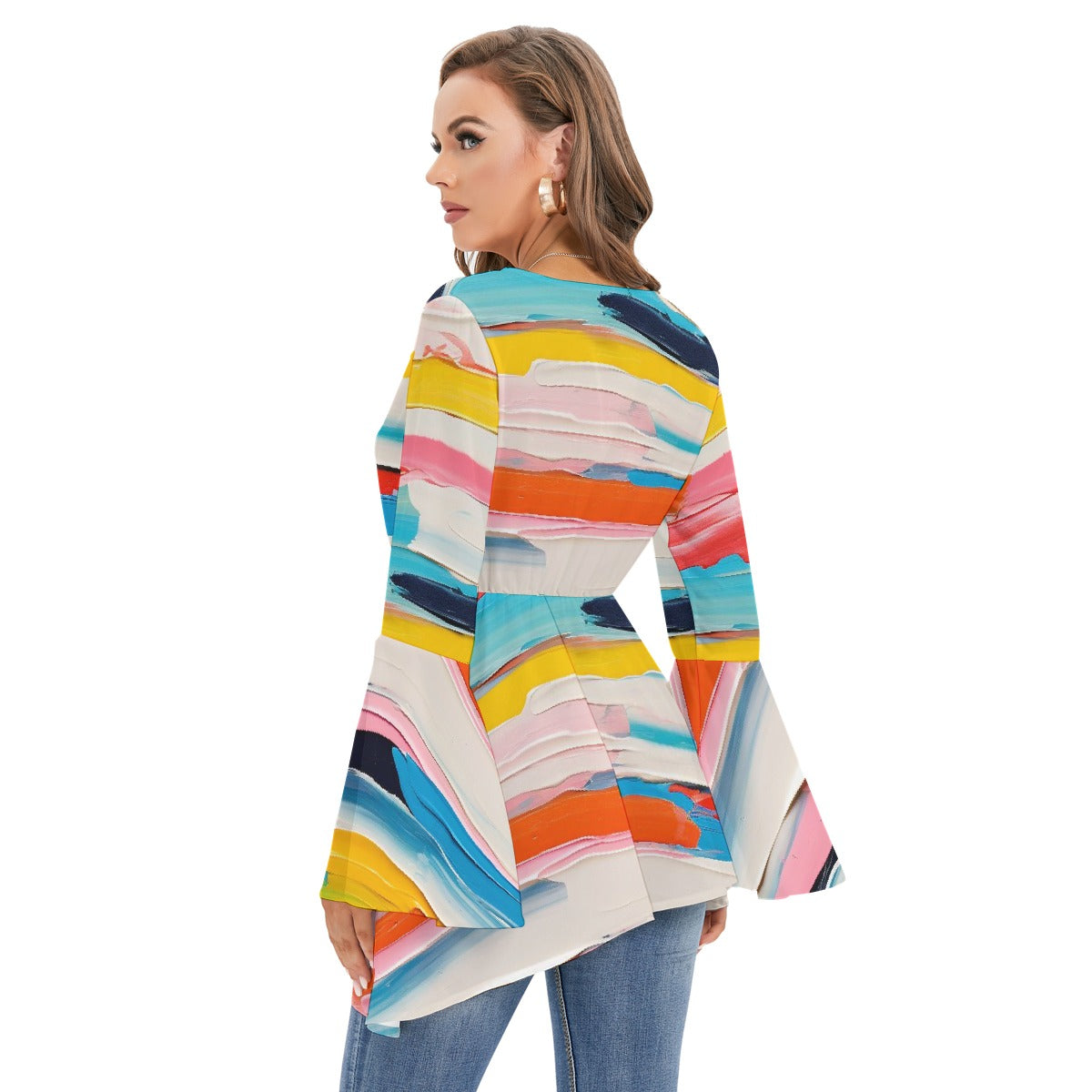 All-Over Print Women's V-neck Blouse With Flared Sleeves
