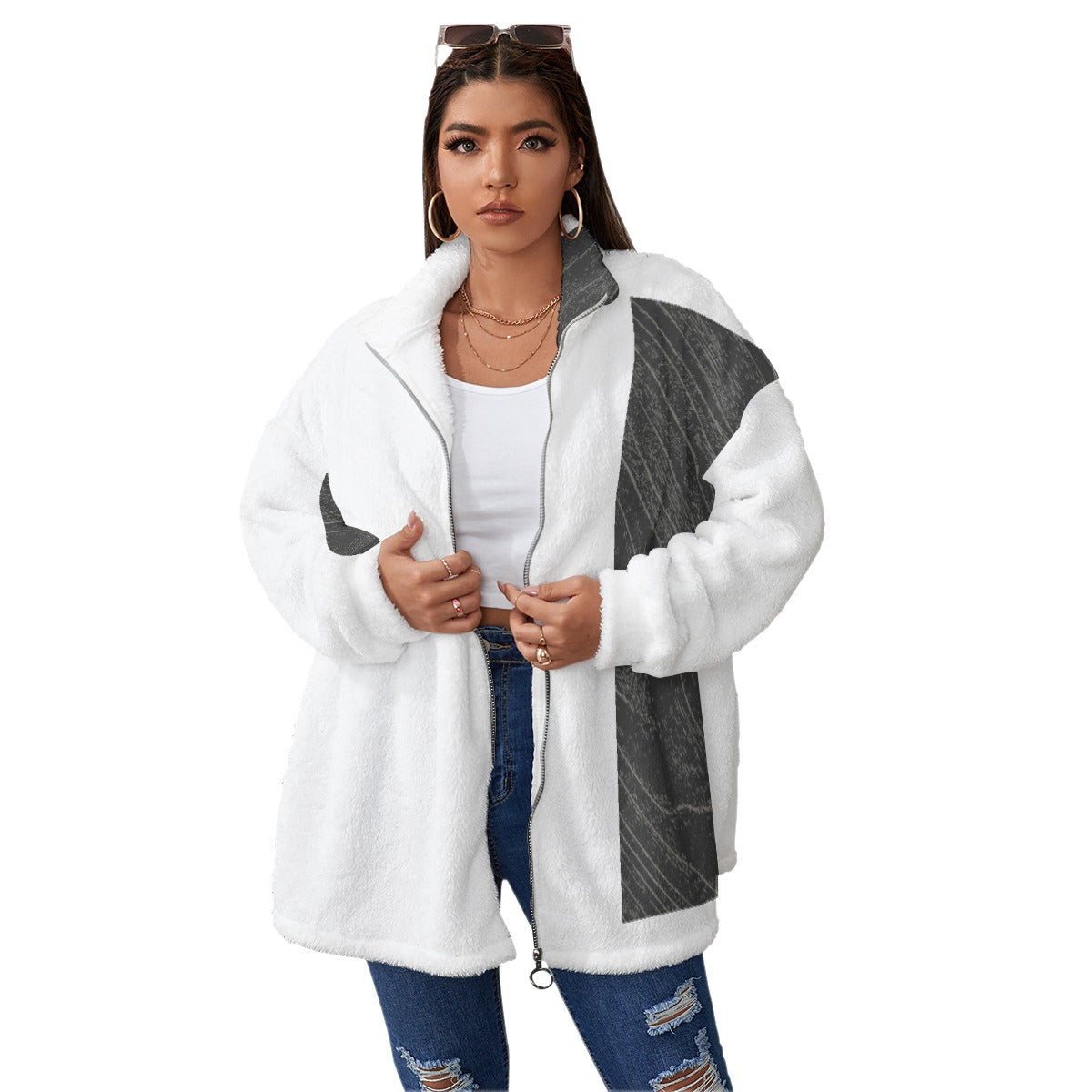 All-Over Print Unisex Borg Fleece Stand-up Collar Coat With Zipper Closure(Plus Size)