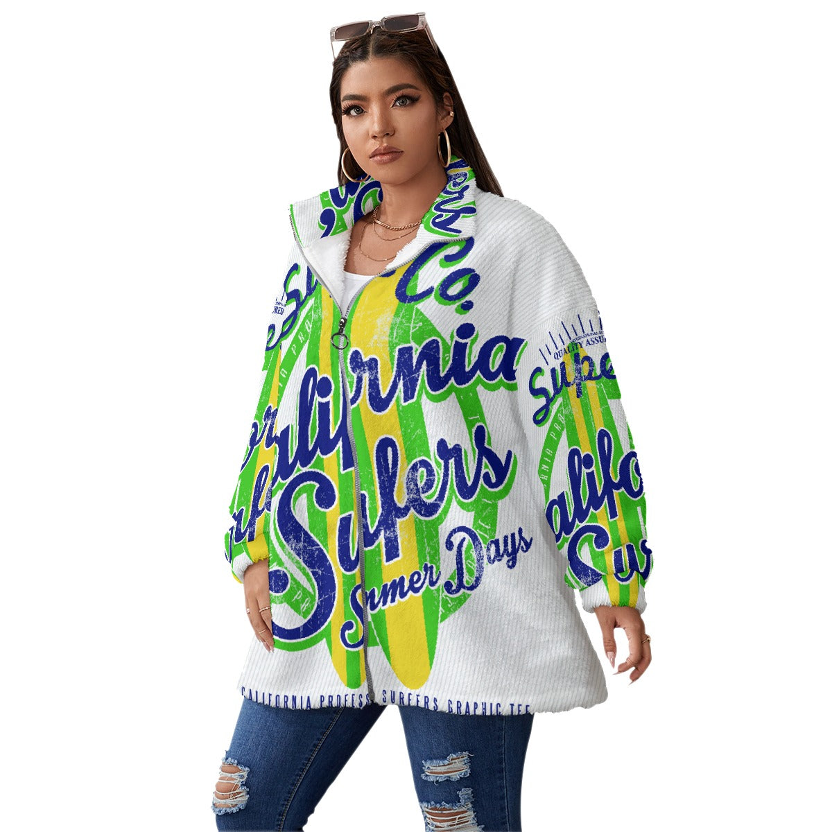 All-Over Print Unisex Borg Fleece Stand-up Collar Coat With Zipper Closure(Plus Size)