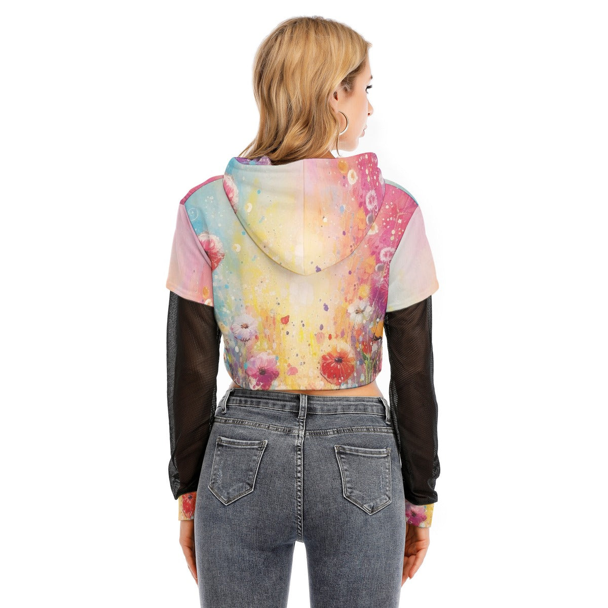 All-Over Print Women's Fake Two-piece Mesh Sleeve Cropped Hoodie