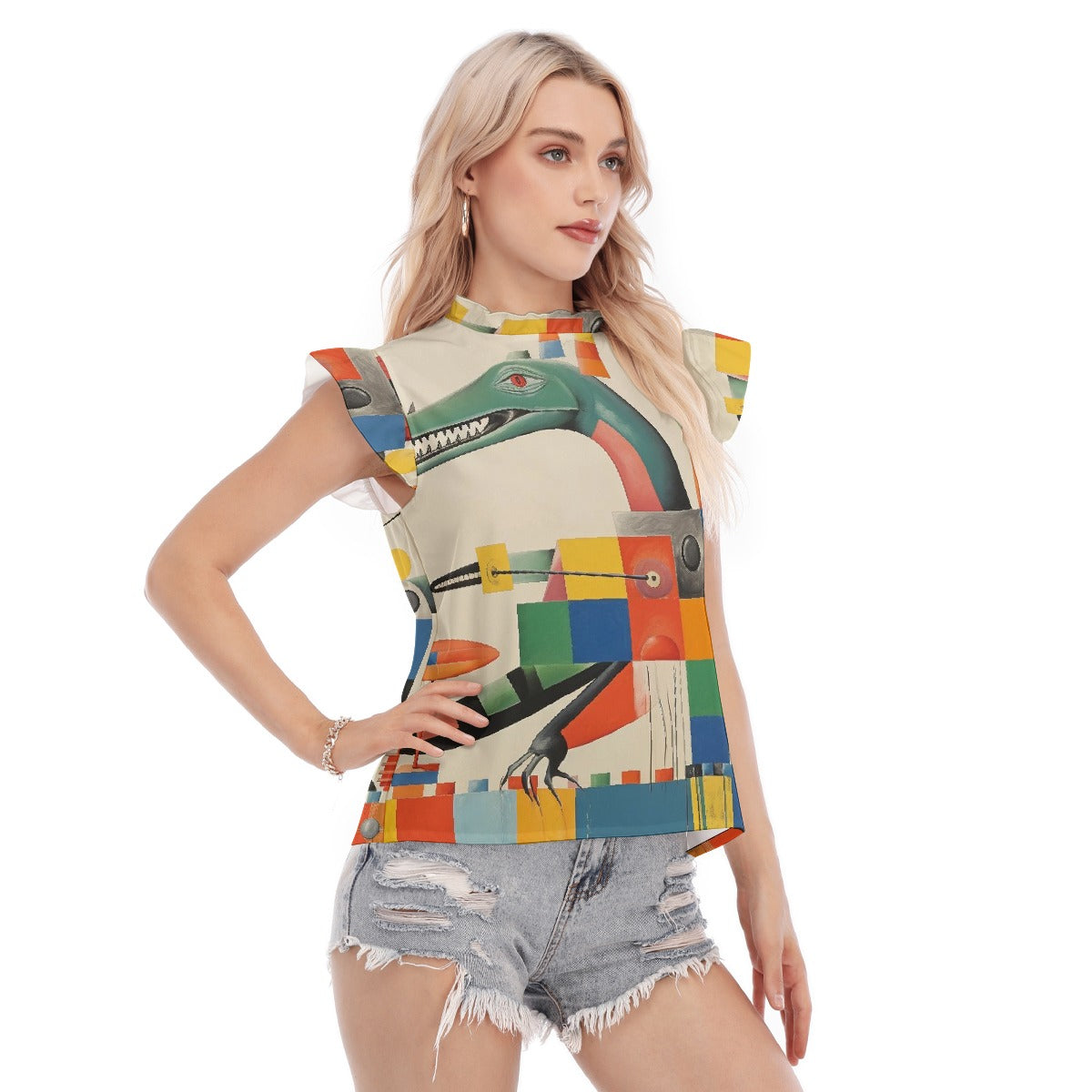 All-Over Print Women's Blouse With Ruffle Collar And Sleeve