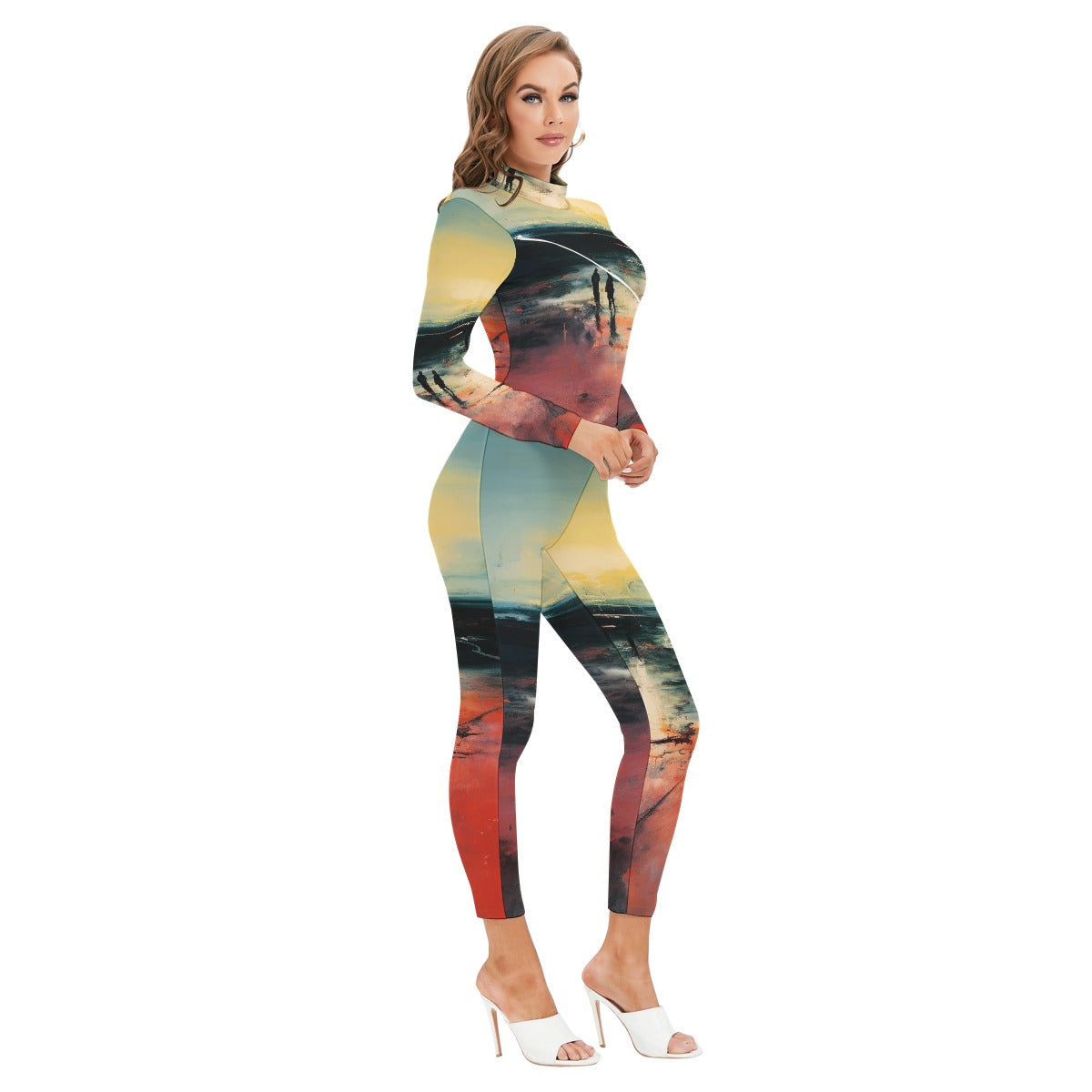 All-Over Print Women's Long-sleeved High-neck Jumpsuit With Zipper