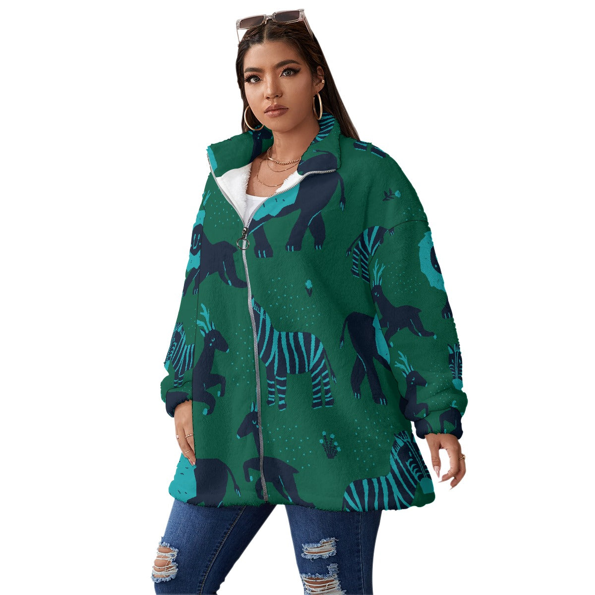 All-Over Print Unisex Borg Fleece Stand-up Collar Coat With Zipper Closure(Plus Size)
