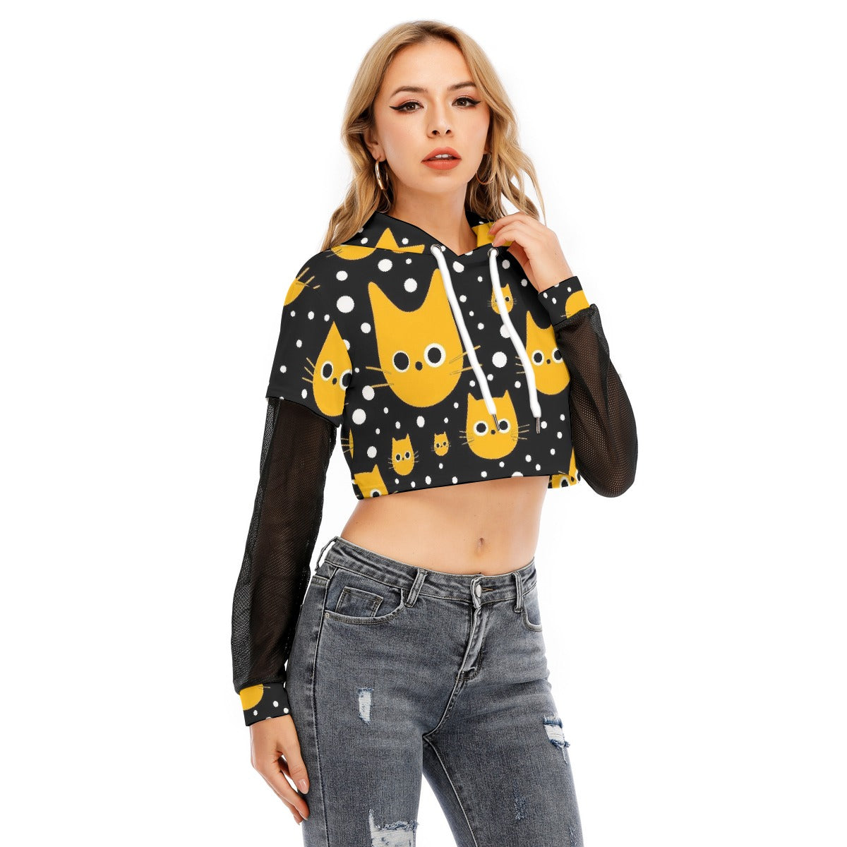 All-Over Print Women's Fake Two-piece Mesh Sleeve Cropped Hoodie