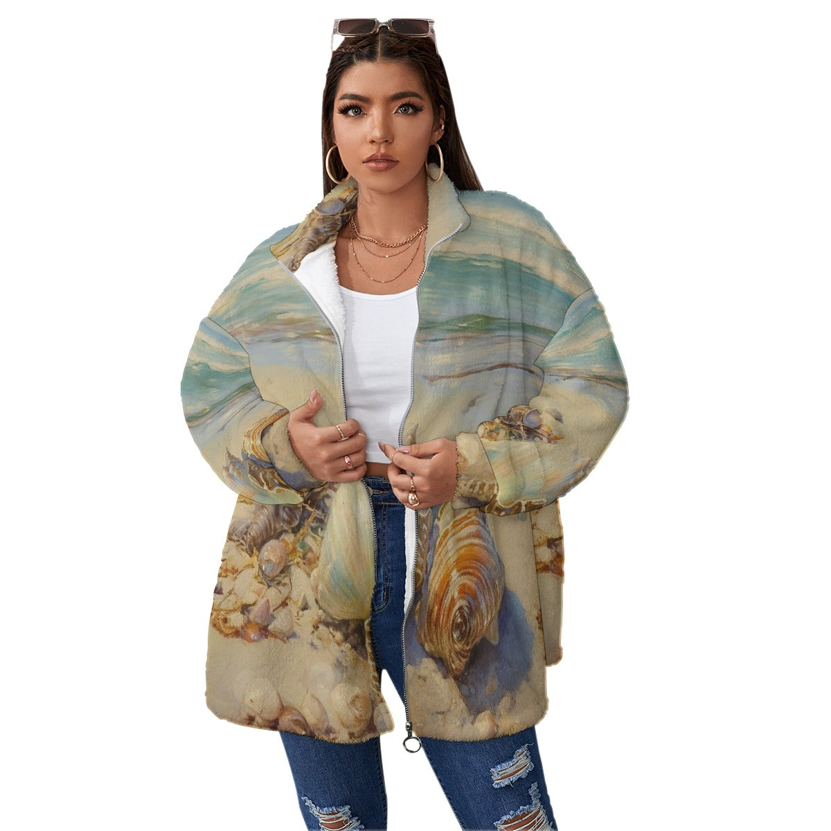 All-Over Print Unisex Borg Fleece Stand-up Collar Coat With Zipper Closure(Plus Size)