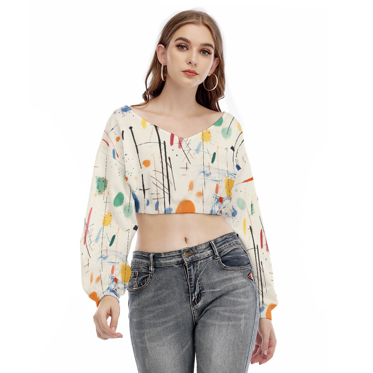 All-Over Print Women's V-neck Long Sleeve Cropped Sweatshirt