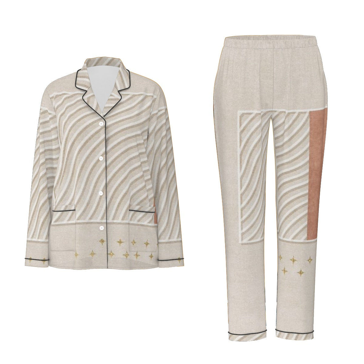 All-Over Print Women's Long Sleeve Pajama Set With Black Contrast Piping