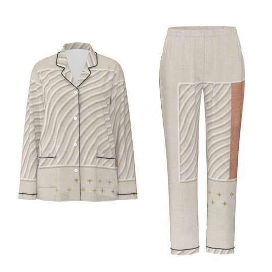 All-Over Print Women's Long Sleeve Pajama Set With Black Contrast Piping