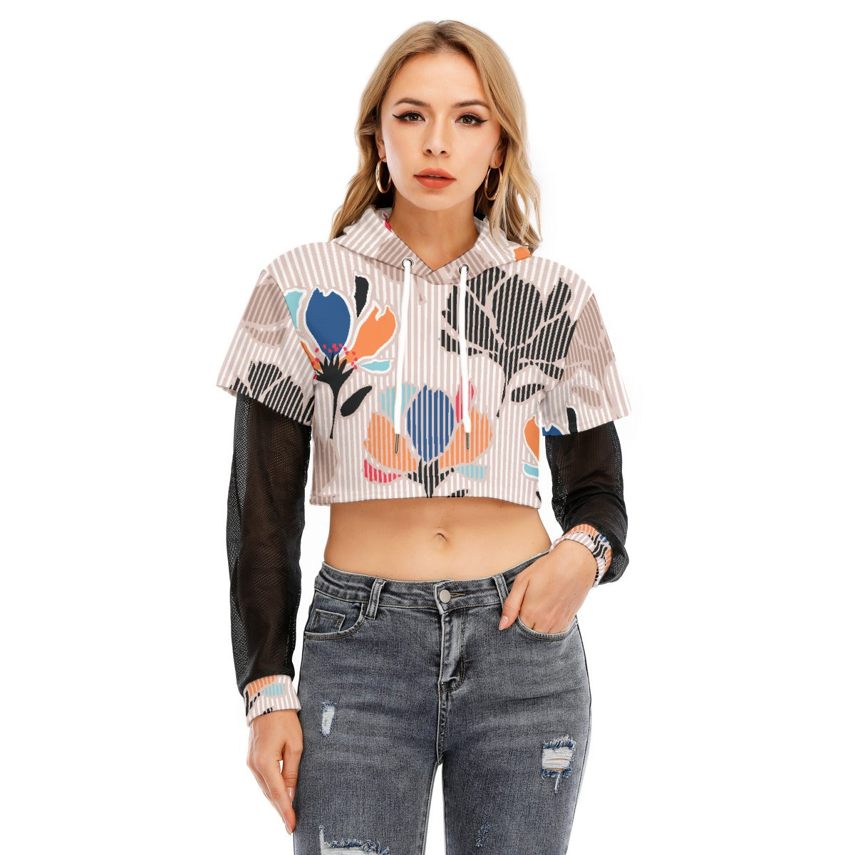 All-Over Print Women's Fake Two-piece Mesh Sleeve Cropped Hoodie