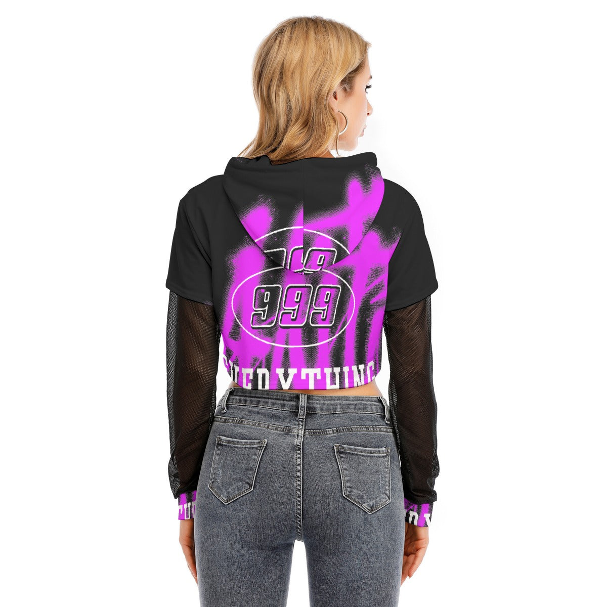 All-Over Print Women's Fake Two-piece Mesh Sleeve Cropped Hoodie