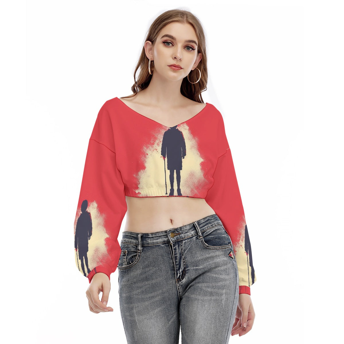 All-Over Print Women's V-neck Long Sleeve Cropped Sweatshirt