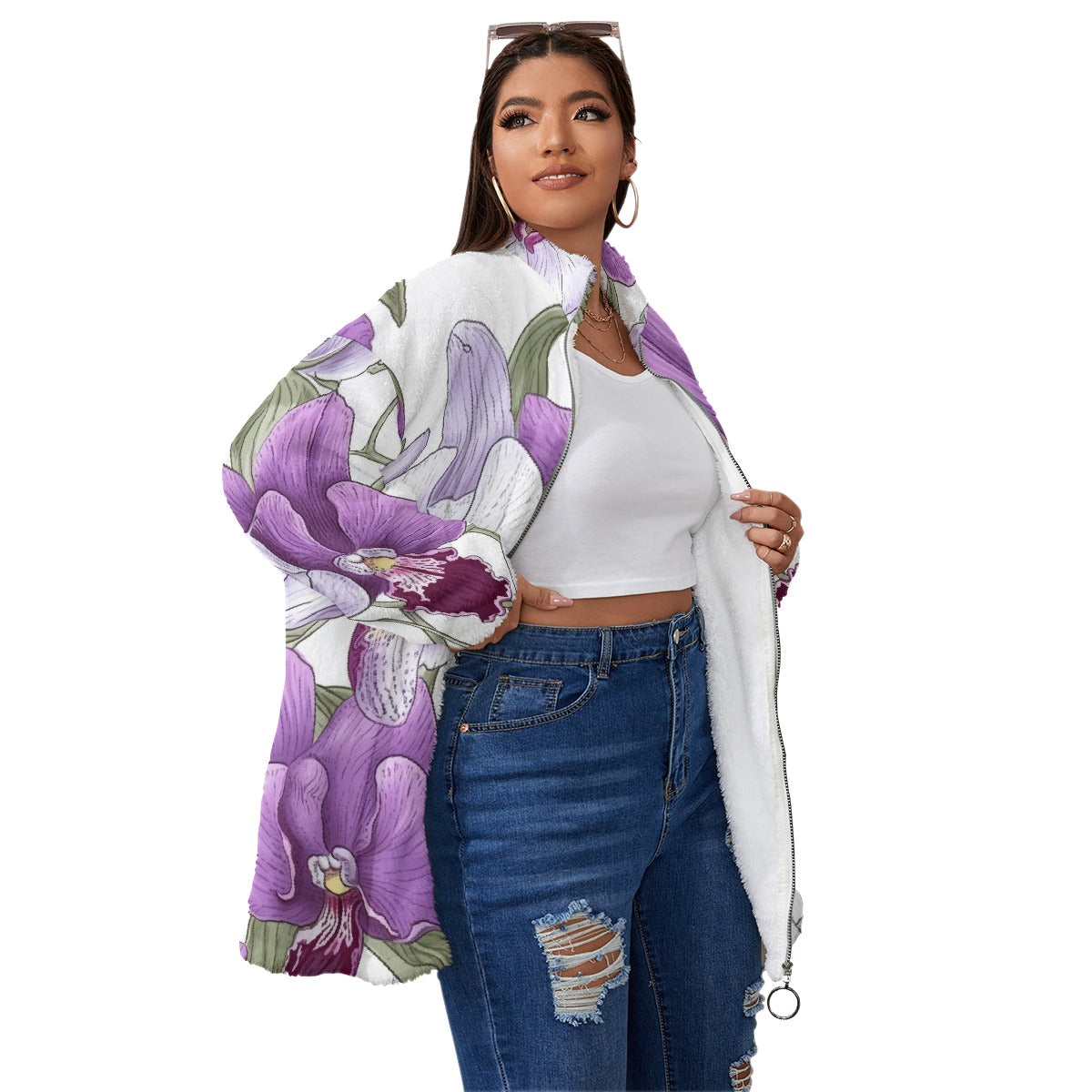 All-Over Print Unisex Borg Fleece Stand-up Collar Coat With Zipper Closure(Plus Size)