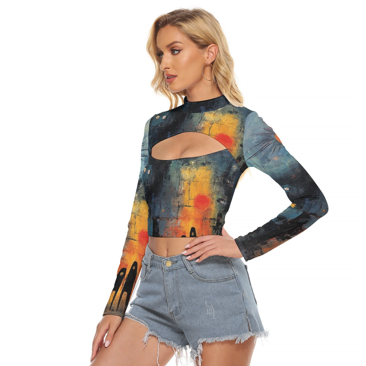 All-Over Print Women's Hollow Chest Keyhole Tight Crop Top