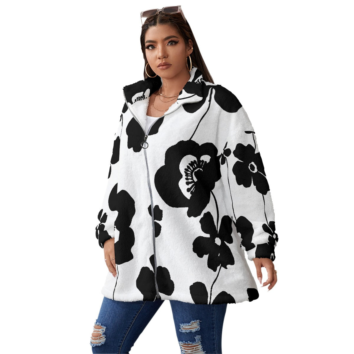 All-Over Print Unisex Borg Fleece Stand-up Collar Coat With Zipper Closure(Plus Size)
