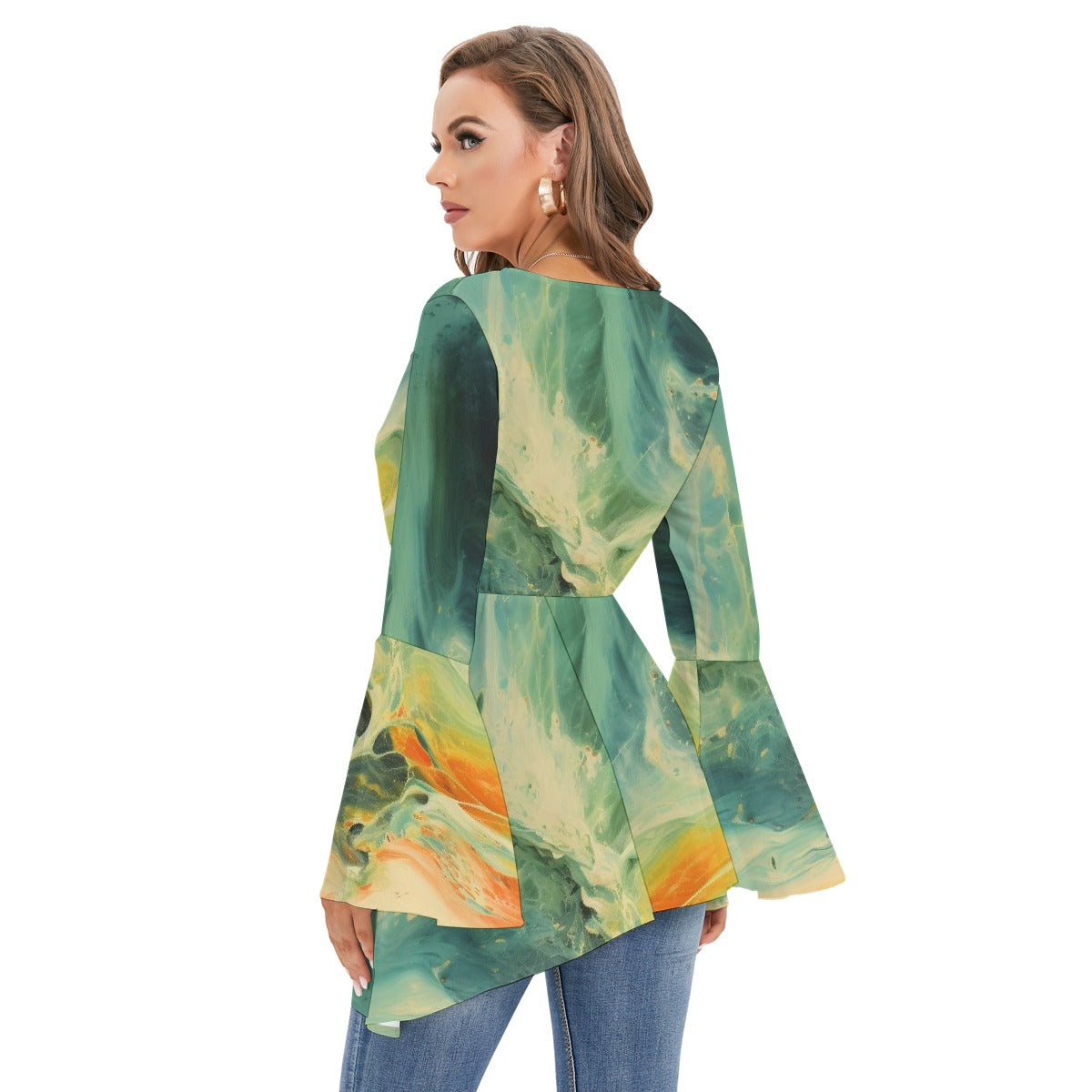 All-Over Print Women's V-neck Blouse With Flared Sleeves