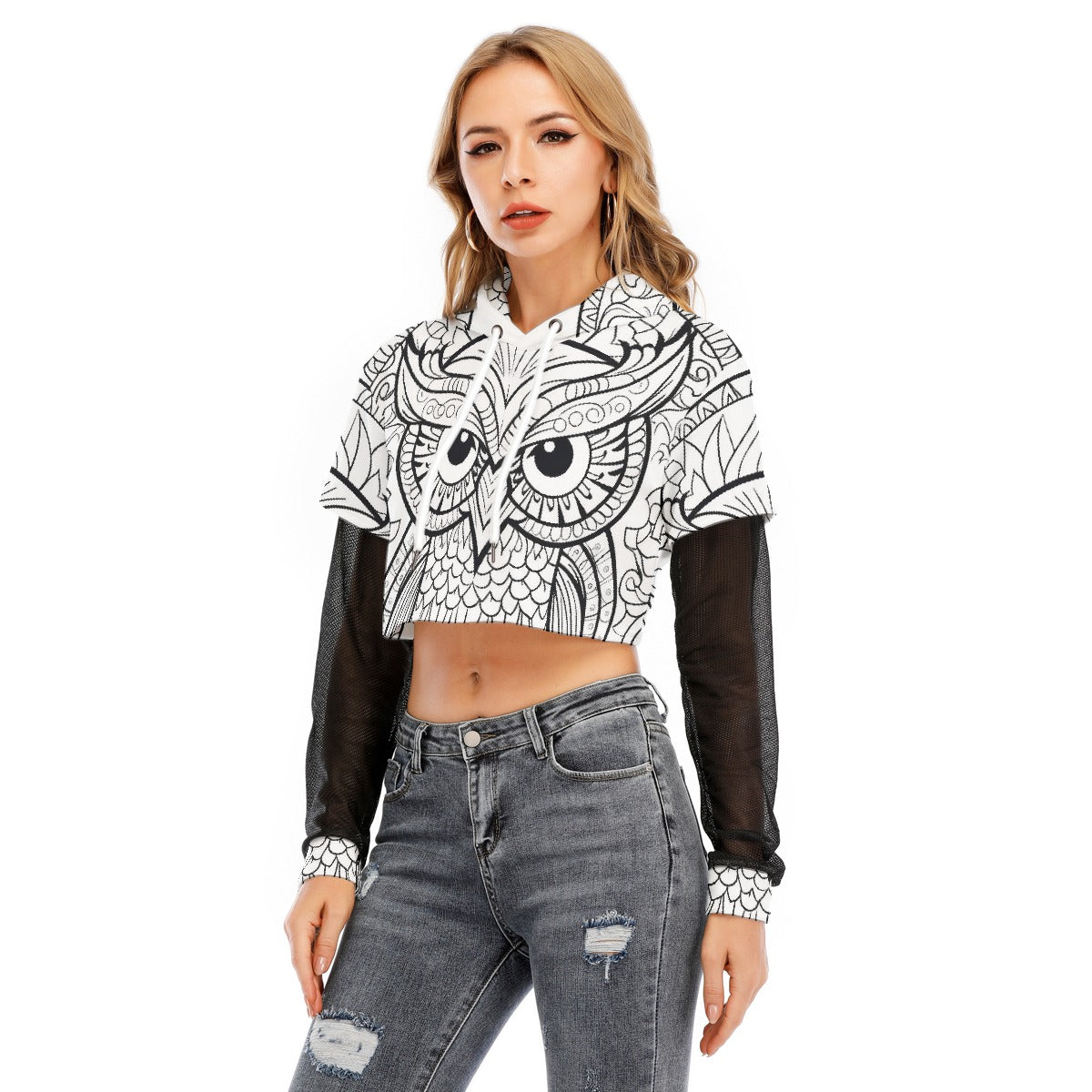 All-Over Print Women's Fake Two-piece Mesh Sleeve Cropped Hoodie