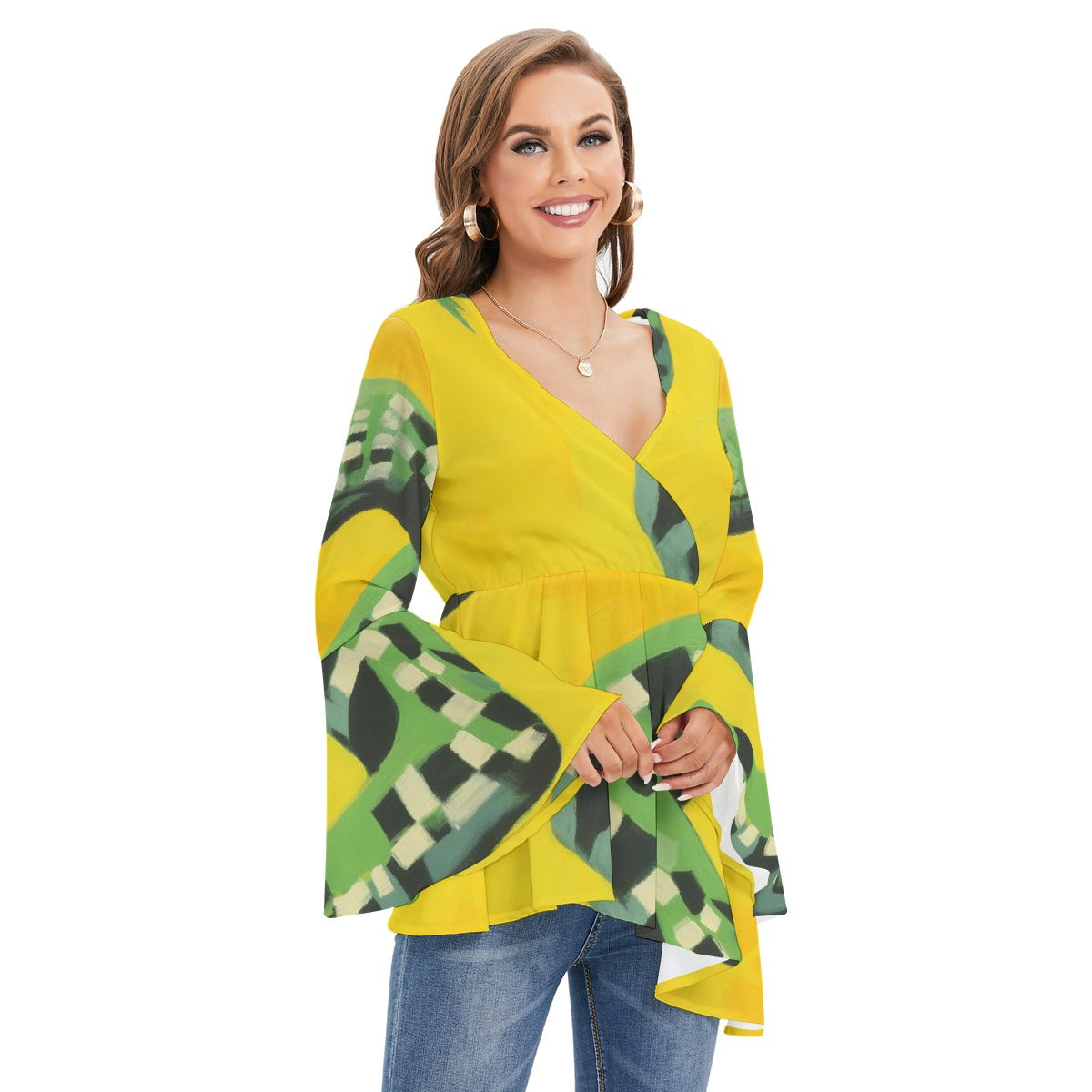 All-Over Print Women's V-neck Blouse With Flared Sleeves