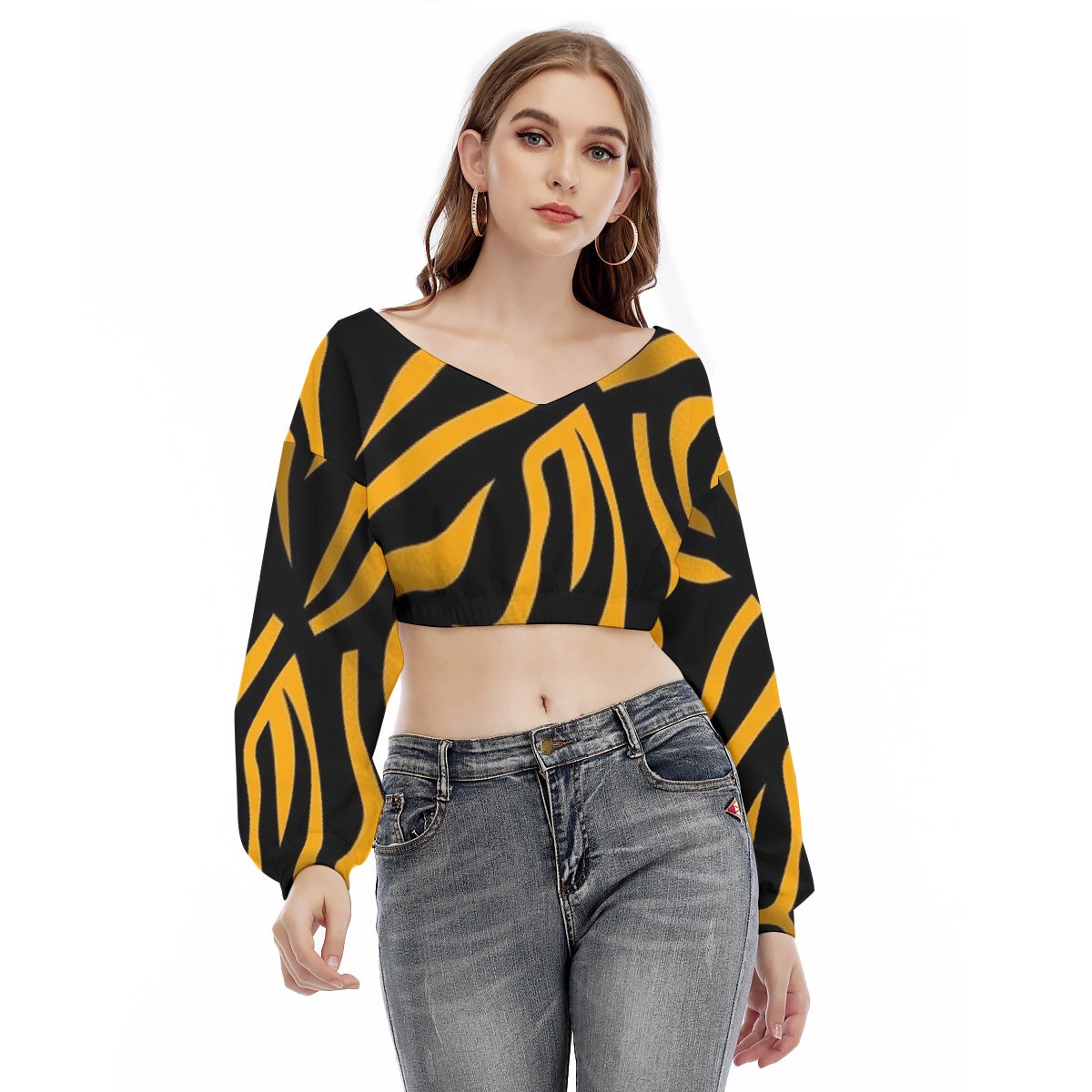 All-Over Print Women's V-neck Long Sleeve Cropped Sweatshirt