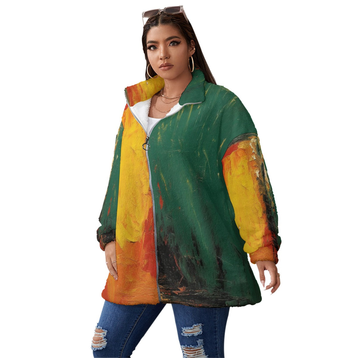 All-Over Print Unisex Borg Fleece Stand-up Collar Coat With Zipper Closure(Plus Size)