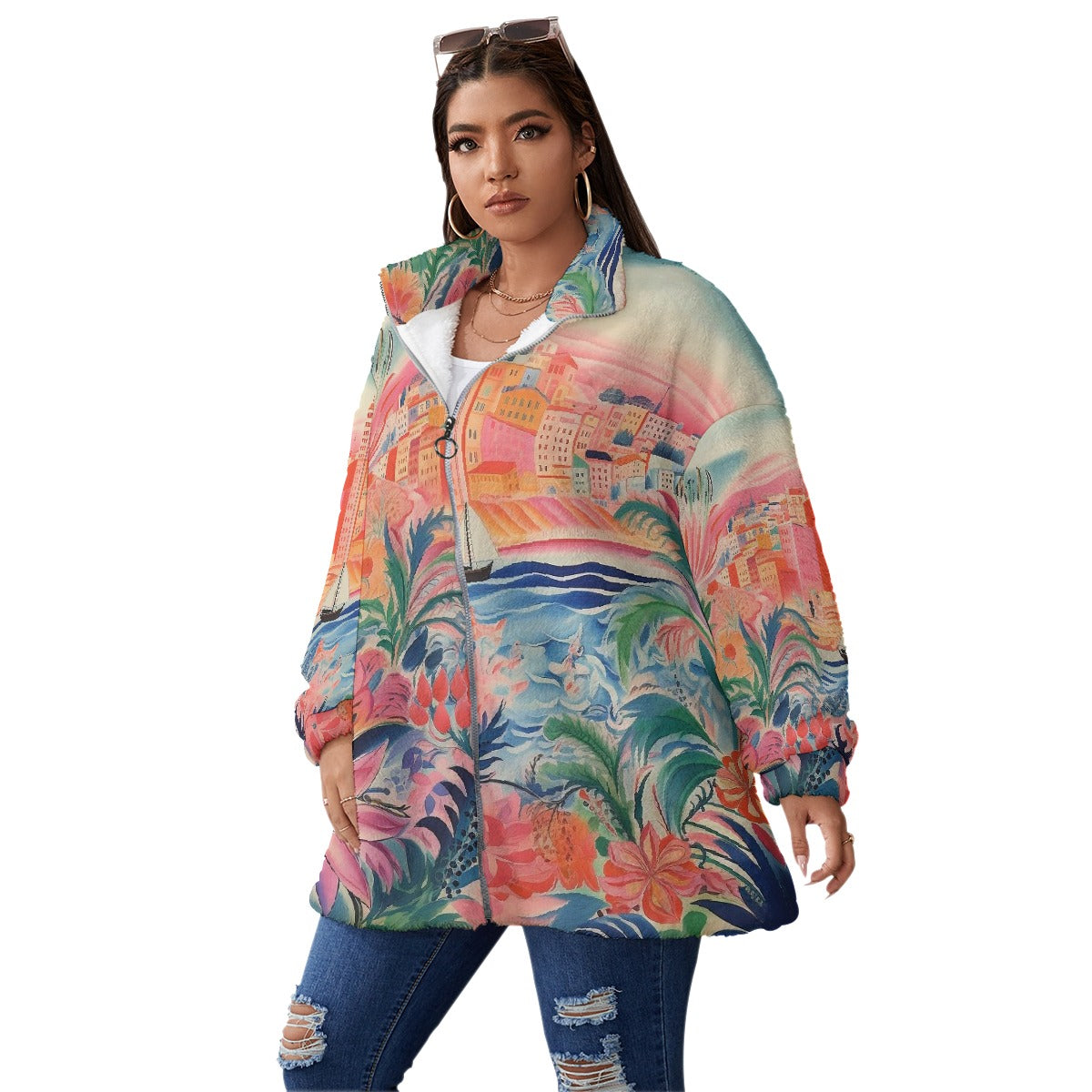 All-Over Print Unisex Borg Fleece Stand-up Collar Coat With Zipper Closure(Plus Size)