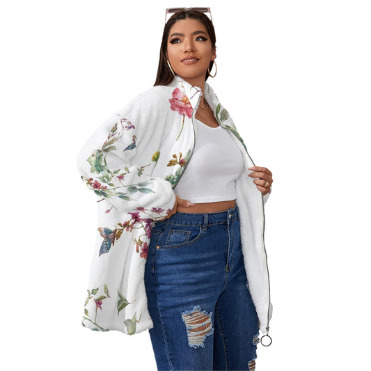 All-Over Print Unisex Borg Fleece Stand-up Collar Coat With Zipper Closure(Plus Size)